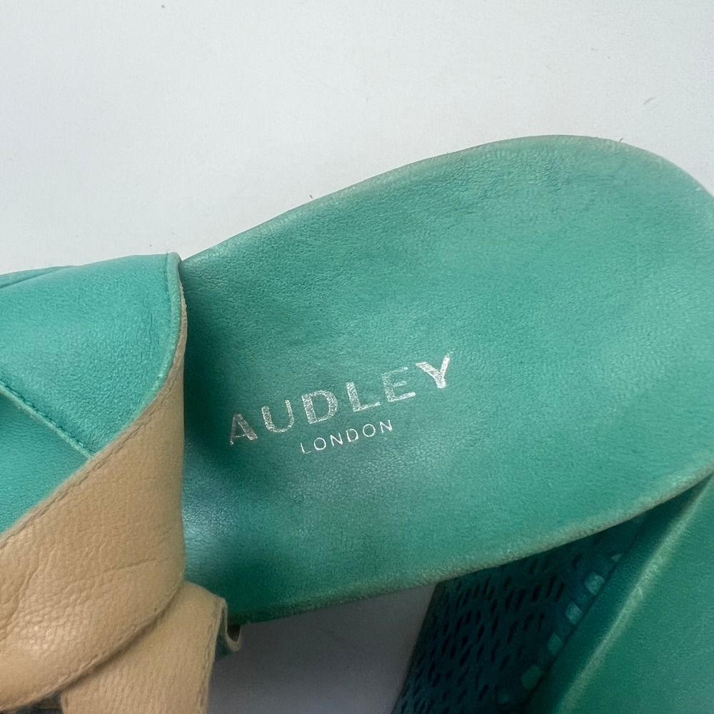 Audley London Teal Green Suede Laser Cut Wedge Sandals 9 Peep Toe Slingback Boho - Picture 7 of 12